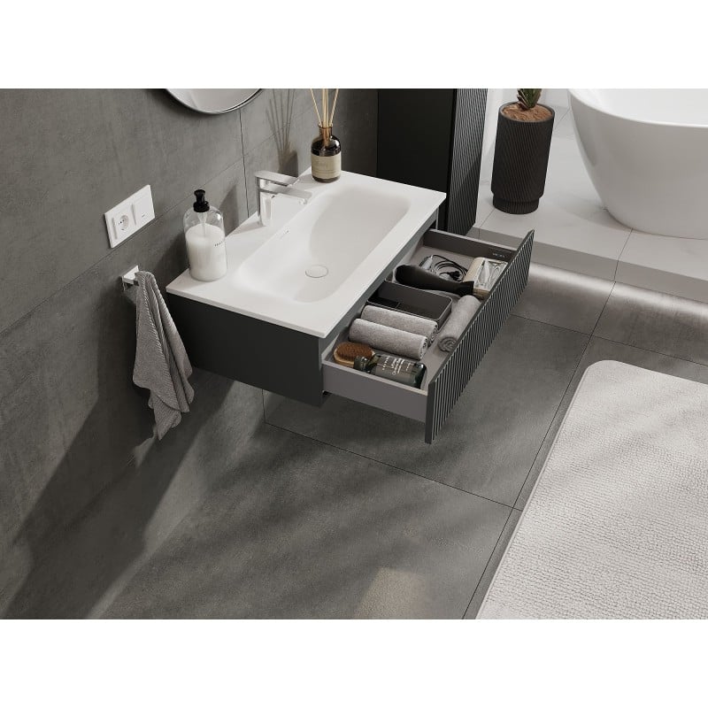 Mexen Rivel szafka łazienkowa 80 cm z umywalką Vela, 1 szuflada, ryflowana , grafit mat/biała mat - 91A20-08023-1-BF66-W23M01