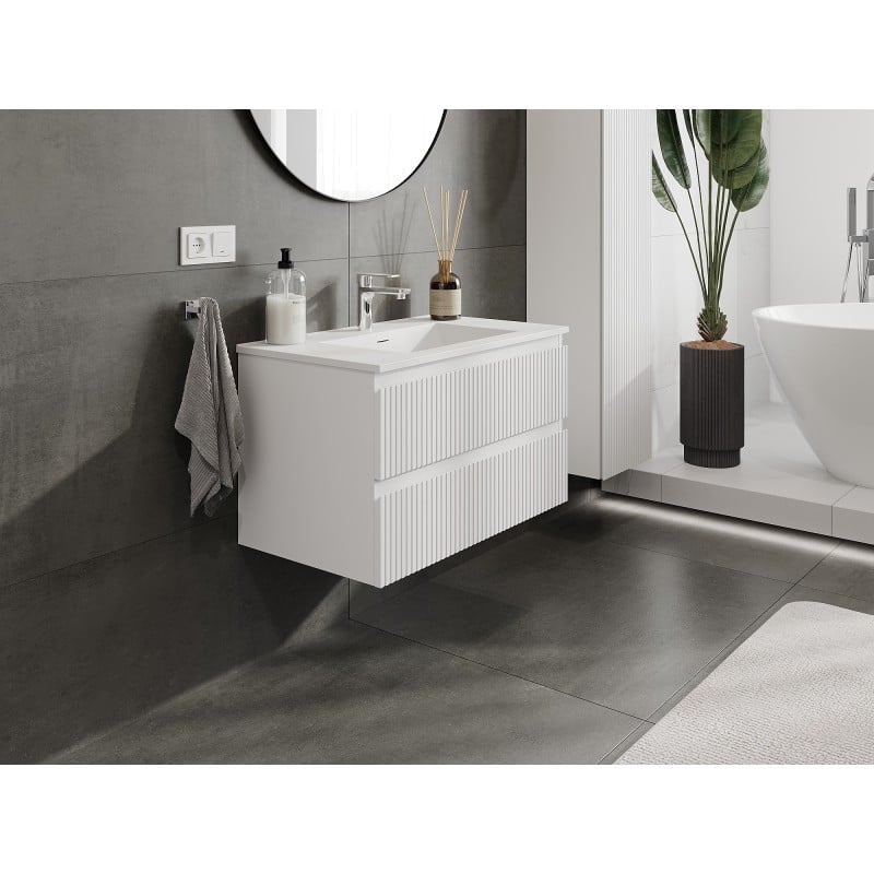Mexen Rivel szafka łazienkowa 80 cm z umywalką Otis, 2 szuflady, ryflowana , biała mat - 91A20-08047-2-BFF01-W18M01