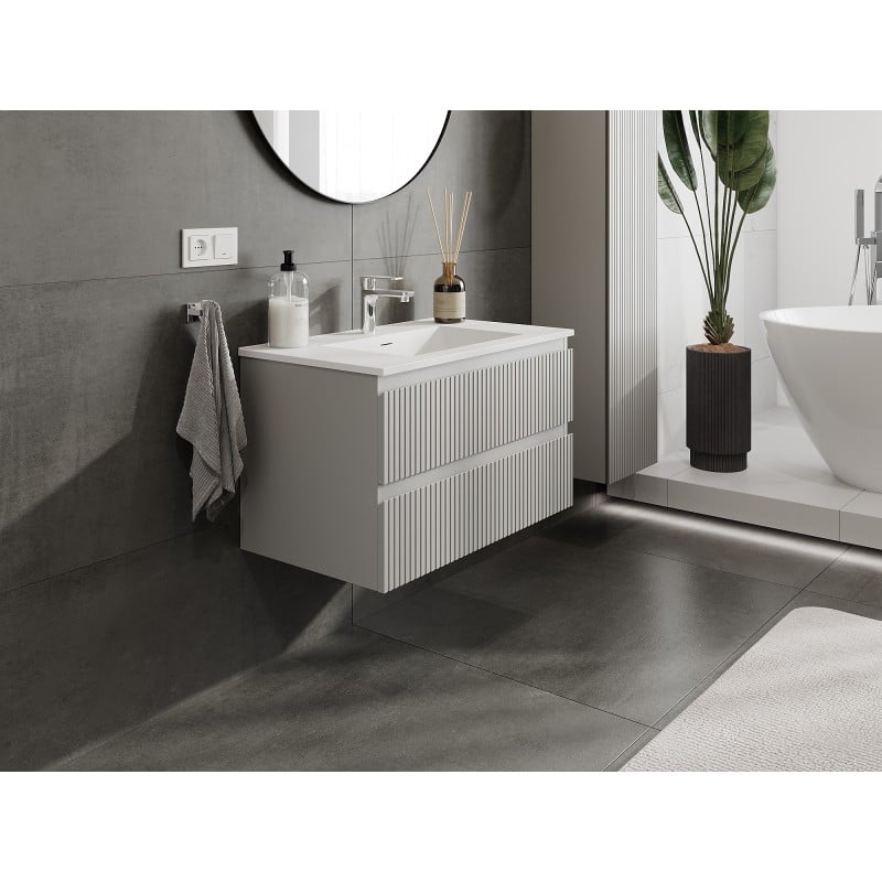 Mexen Rivel szafka łazienkowa 80 cm z umywalką Otis, 2 szuflady, ryflowana , szara mat/biała mat - 91A20-08047-2-BFF62-W18M01