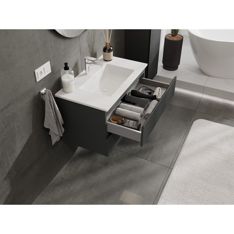 Mexen Rivel szafka łazienkowa 80 cm z umywalką Otis, 2 szuflady, ryflowana , grafit mat/biała mat - 91A20-08047-2-BFF66-W18M0