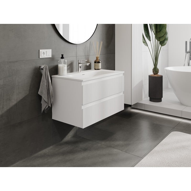 Mexen Rivel szafka łazienkowa 80 cm z umywalką Vela, 2 szuflady, ryflowana , biała mat - 91A20-08047-2-BFF01-W23M01