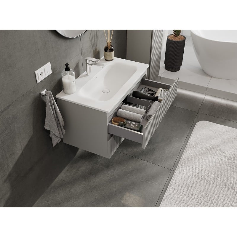 Mexen Rivel szafka łazienkowa 80 cm z umywalką Vela, 2 szuflady, ryflowana , szara mat/biała mat - 91A20-08047-2-BFF62-W23M01