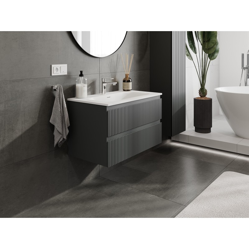 Mexen Rivel szafka łazienkowa 80 cm z umywalką Vela, 2 szuflady, ryflowana , grafit mat/biała mat - 91A20-08047-2-BFF66-W23M0
