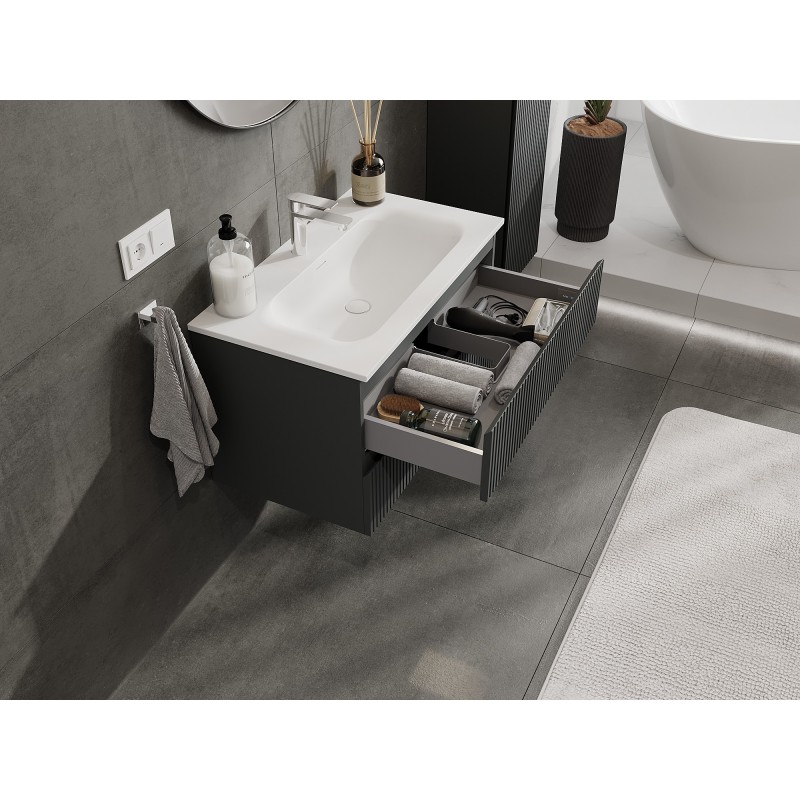 Mexen Rivel szafka łazienkowa 80 cm z umywalką Vela, 2 szuflady, ryflowana , grafit mat/biała mat - 91A20-08047-2-BFF66-W23M0