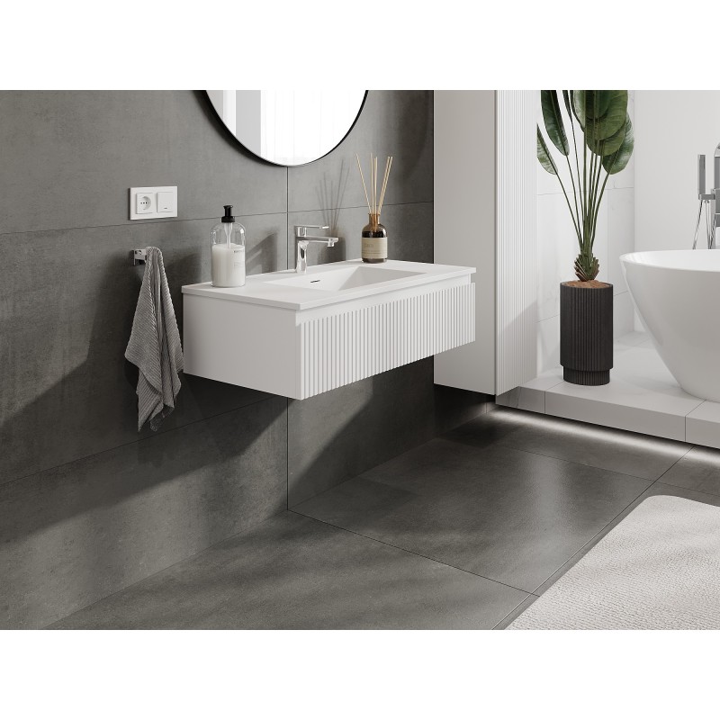 Mexen Rivel szafka łazienkowa 90 cm z umywalką Otis, 1 szuflada, ryflowana , biała mat - 91A20-09023-1-BF01-W18M01