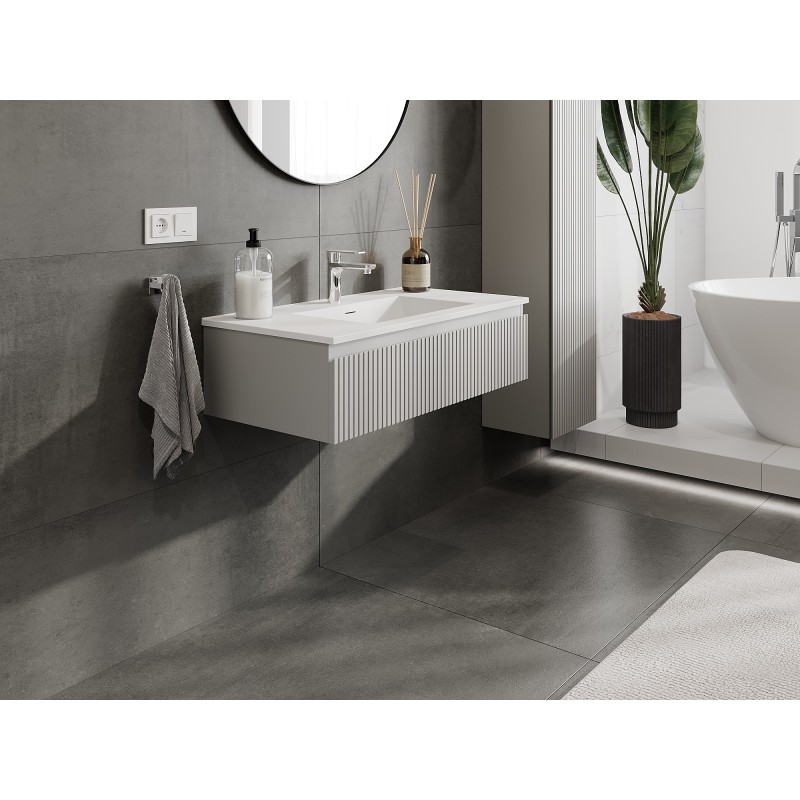 Mexen Rivel szafka łazienkowa 90 cm z umywalką Otis, 1 szuflada, ryflowana , szara mat/biała mat - 91A20-09023-1-BF62-W18M01