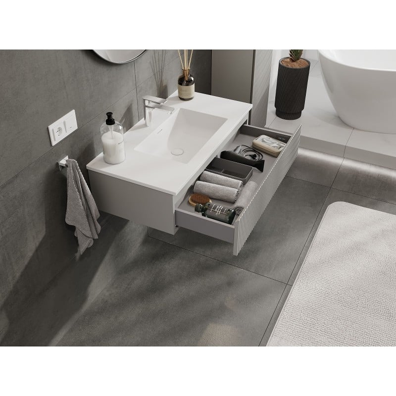Mexen Rivel szafka łazienkowa 90 cm z umywalką Otis, 1 szuflada, ryflowana , szara mat/biała mat - 91A20-09023-1-BF62-W18M01