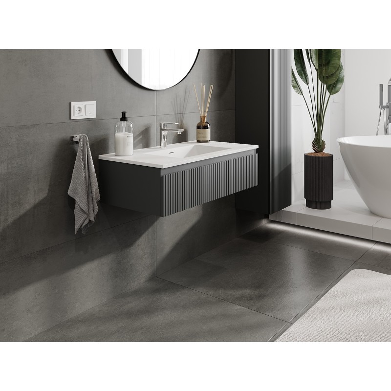 Mexen Rivel szafka łazienkowa 90 cm z umywalką Otis, 1 szuflada, ryflowana , grafit mat/biała mat - 91A20-09023-1-BF66-W18M01