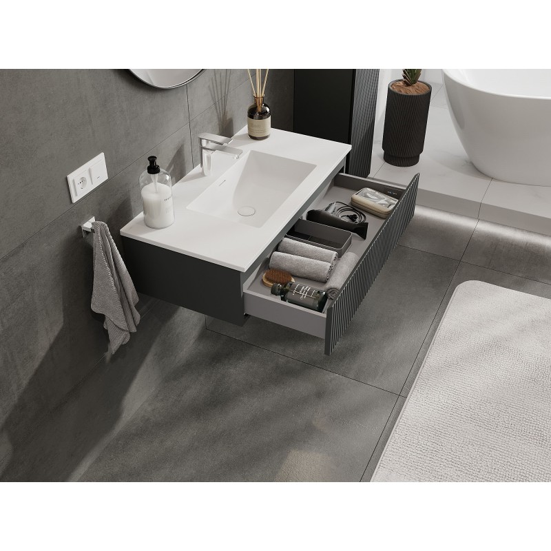 Mexen Rivel szafka łazienkowa 90 cm z umywalką Otis, 1 szuflada, ryflowana , grafit mat/biała mat - 91A20-09023-1-BF66-W18M01