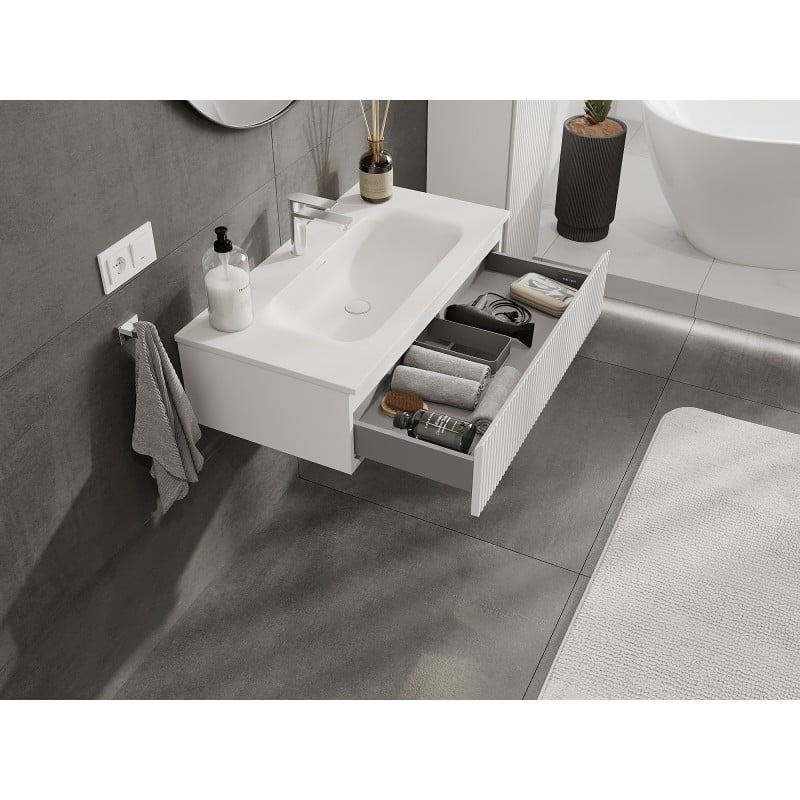 Mexen Rivel szafka łazienkowa 90 cm z umywalką Vela, 1 szuflada, ryflowana , biała mat - 91A20-09023-1-BF01-W23M01