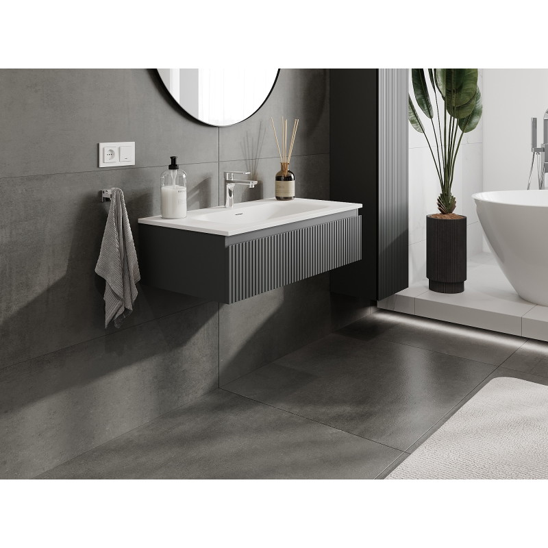 Mexen Rivel szafka łazienkowa 90 cm z umywalką Vela, 1 szuflada, ryflowana , grafit mat/biała mat - 91A20-09023-1-BF66-W23M01