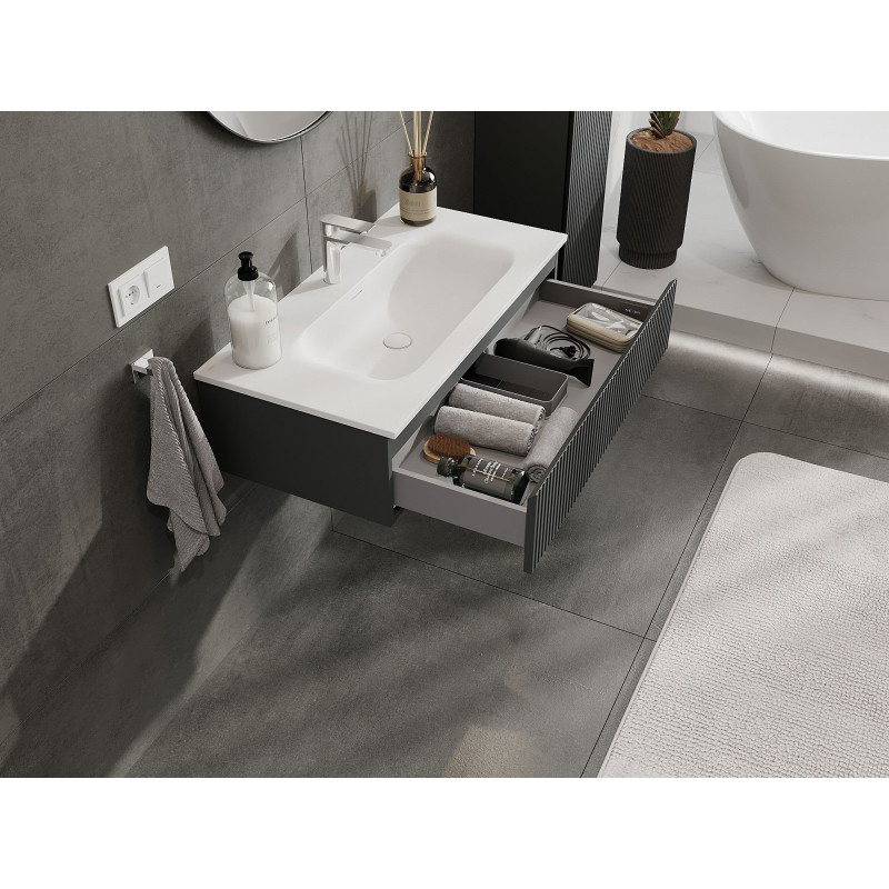 Mexen Rivel szafka łazienkowa 90 cm z umywalką Vela, 1 szuflada, ryflowana , grafit mat/biała mat - 91A20-09023-1-BF66-W23M01