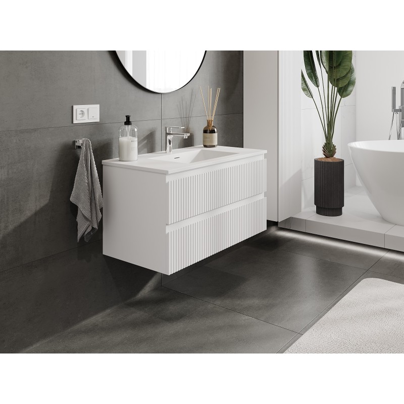 Mexen Rivel szafka łazienkowa 90 cm z umywalką Otis, 2 szuflady, ryflowana , biała mat - 91A20-09047-2-BFF01-W18M01