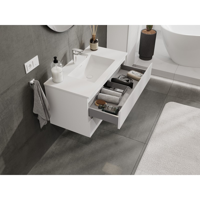 Mexen Rivel szafka łazienkowa 90 cm z umywalką Otis, 2 szuflady, ryflowana , biała mat - 91A20-09047-2-BFF01-W18M01