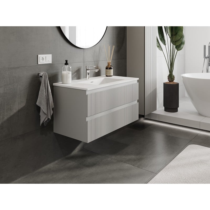 Mexen Rivel szafka łazienkowa 90 cm z umywalką Otis, 2 szuflady, ryflowana , szara mat/biała mat - 91A20-09047-2-BFF62-W18M01