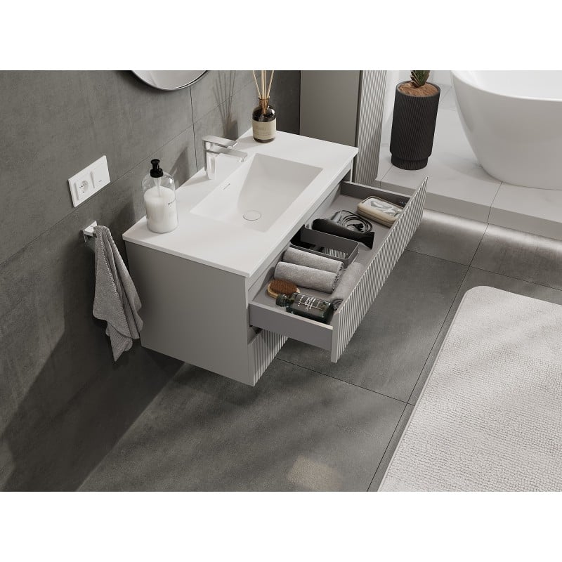 Mexen Rivel szafka łazienkowa 90 cm z umywalką Otis, 2 szuflady, ryflowana , szara mat/biała mat - 91A20-09047-2-BFF62-W18M01