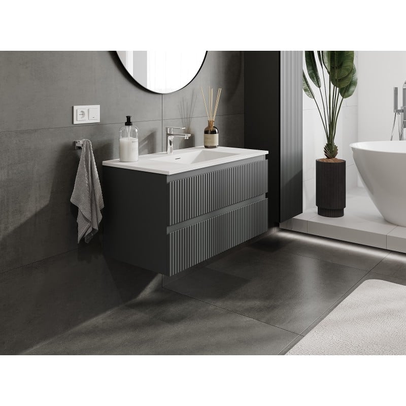 Mexen Rivel szafka łazienkowa 90 cm z umywalką Otis, 2 szuflady, ryflowana , grafit mat/biała mat - 91A20-09047-2-BFF66-W18M0