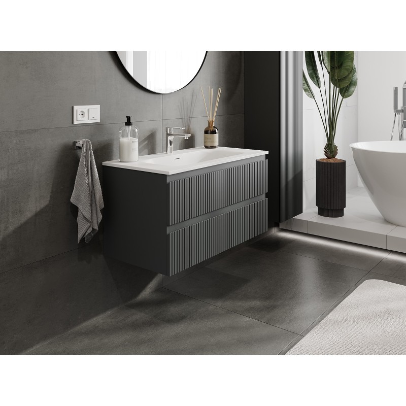 Mexen Rivel szafka łazienkowa 90 cm z umywalką Vela, 2 szuflady, ryflowana , grafit mat/biała mat - 91A20-09047-2-BFF66-W23M0