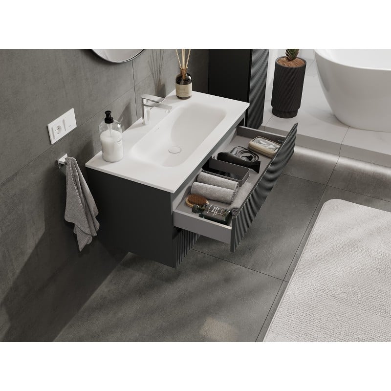Mexen Rivel szafka łazienkowa 90 cm z umywalką Vela, 2 szuflady, ryflowana , grafit mat/biała mat - 91A20-09047-2-BFF66-W23M0