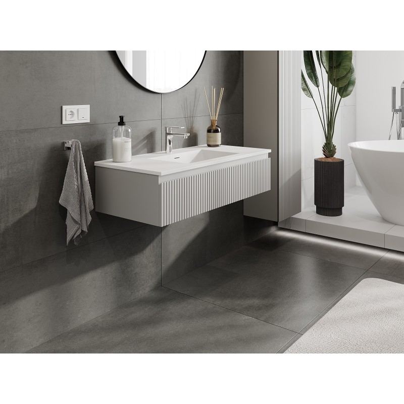 Mexen Rivel szafka łazienkowa 100 cm z umywalką Otis, 1 szuflada, ryflowana , szara mat/biała mat - 91A20-10023-1-BF62-W18M01