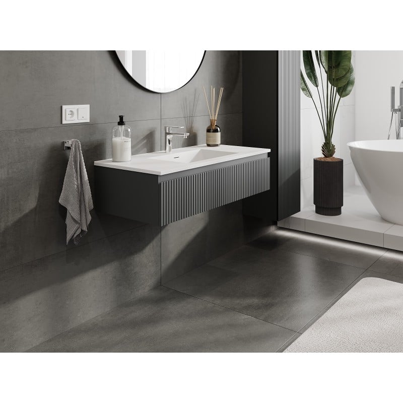 Mexen Rivel szafka łazienkowa 100 cm z umywalką Otis, 1 szuflada, ryflowana , grafit mat/biała mat - 91A20-10023-1-BF66-W18M01
