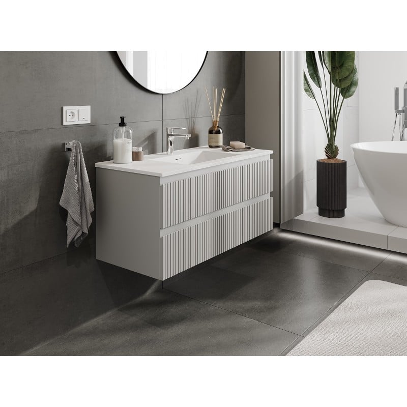 Mexen Rivel szafka łazienkowa 100 cm z umywalką Otis, 2 szuflady, ryflowana , szara mat/biała mat - 91A20-10047-2-BFF62-W18M01