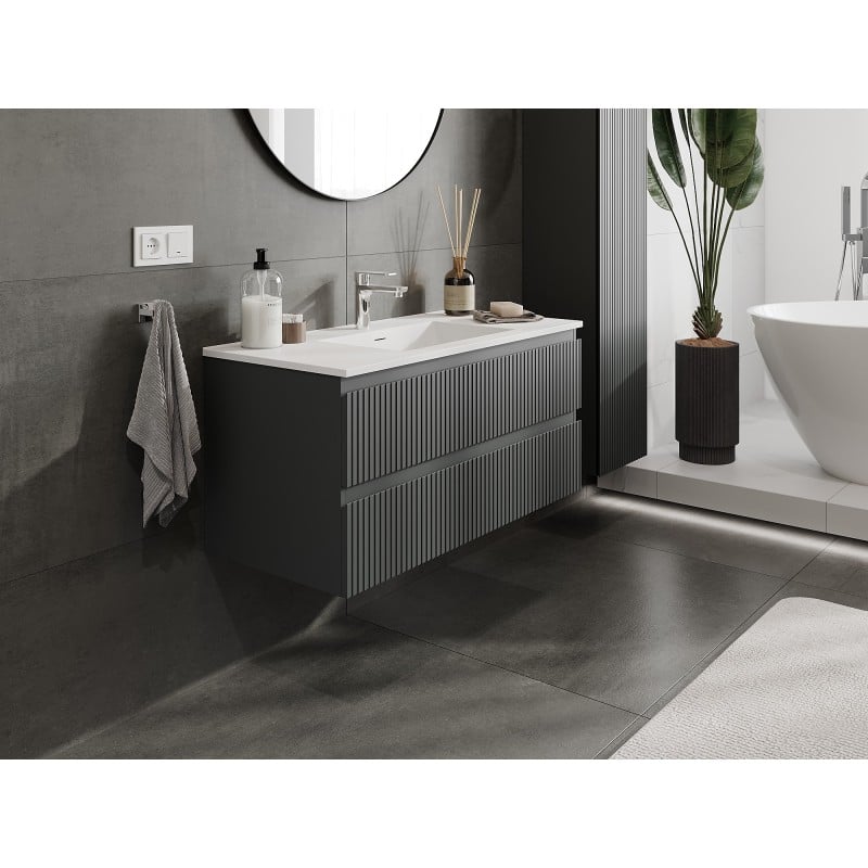Mexen Rivel szafka łazienkowa 100 cm z umywalką Otis, 2 szuflady, ryflowana , grafit mat/biała mat - 91A20-10047-2-BFF66-W18M0
