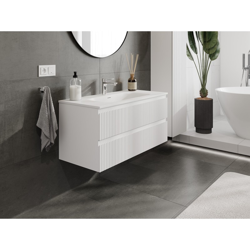 Mexen Rivel szafka łazienkowa 100 cm z umywalką Vela, 2 szuflady, ryflowana , biała mat - 91A20-10047-2-BFF01-W23M01