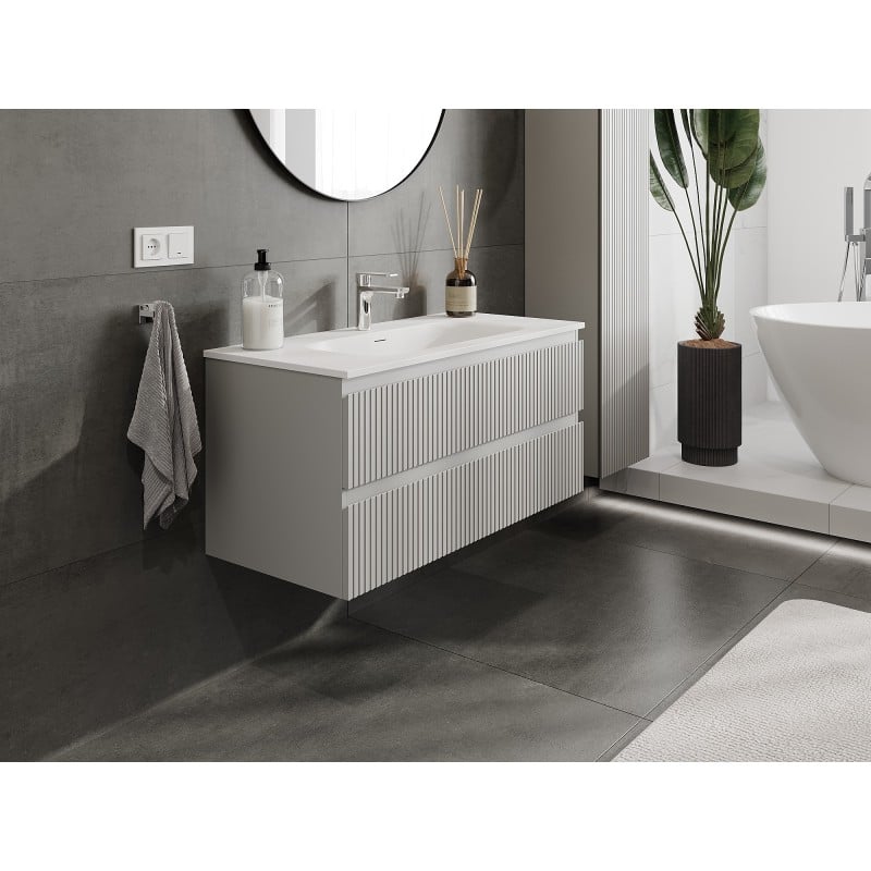 Mexen Rivel szafka łazienkowa 100 cm z umywalką Vela, 2 szuflady, ryflowana , szara mat/biała mat - 91A20-10047-2-BFF62-W23M01
