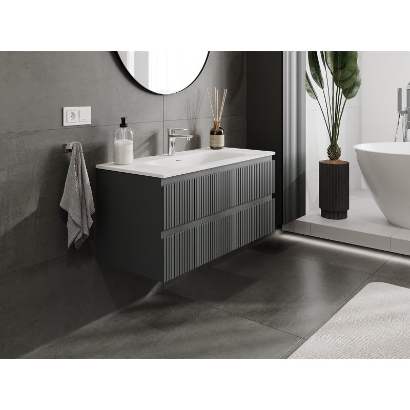 Mexen Rivel szafka łazienkowa 100 cm z umywalką Vela, 2 szuflady, ryflowana , grafit mat/biała mat - 91A20-10047-2-BFF66-W23M0