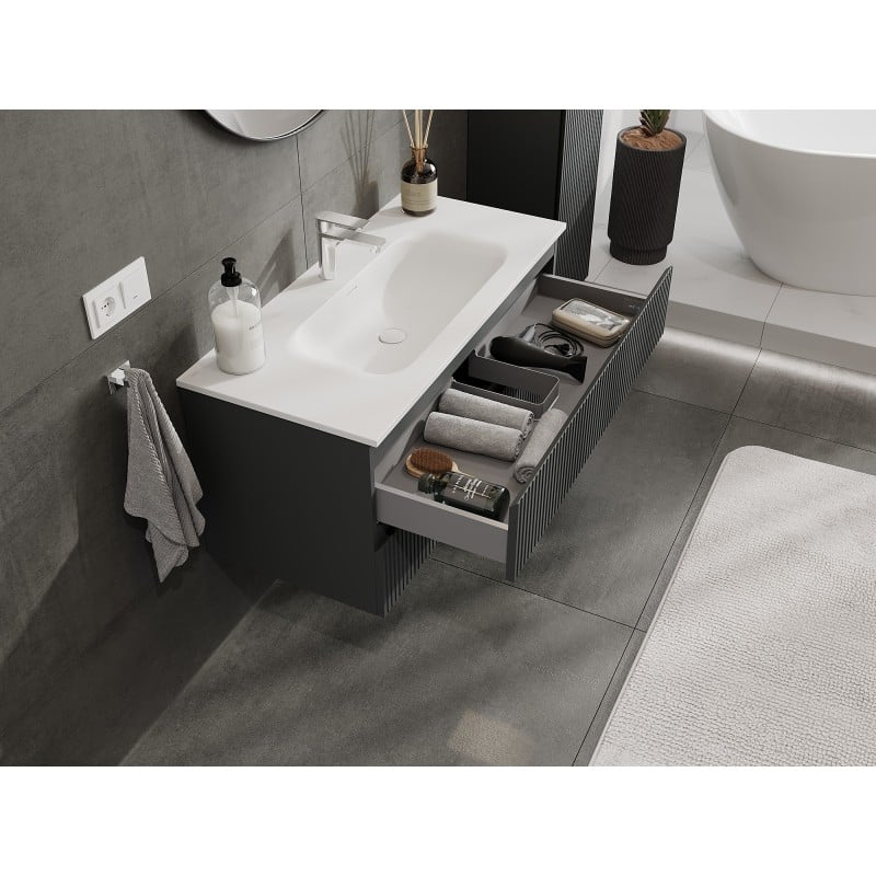 Mexen Rivel szafka łazienkowa 100 cm z umywalką Vela, 2 szuflady, ryflowana , grafit mat/biała mat - 91A20-10047-2-BFF66-W23M0
