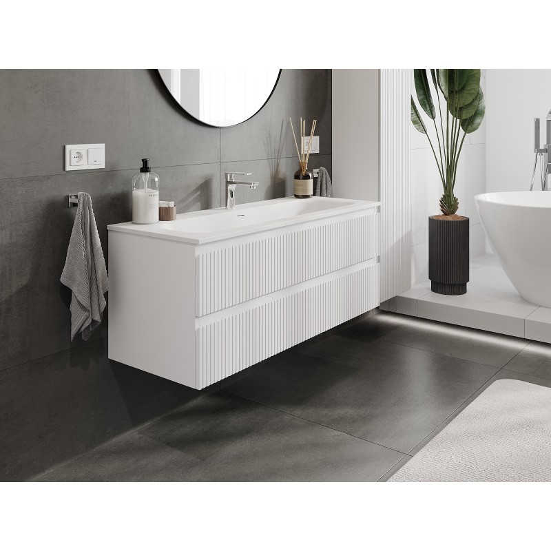 Mexen Rivel szafka łazienkowa 120 cm z umywalką Vela, 2 szuflady, ryflowana , biała mat - 91A20-12047-2-BFF01-W23M01