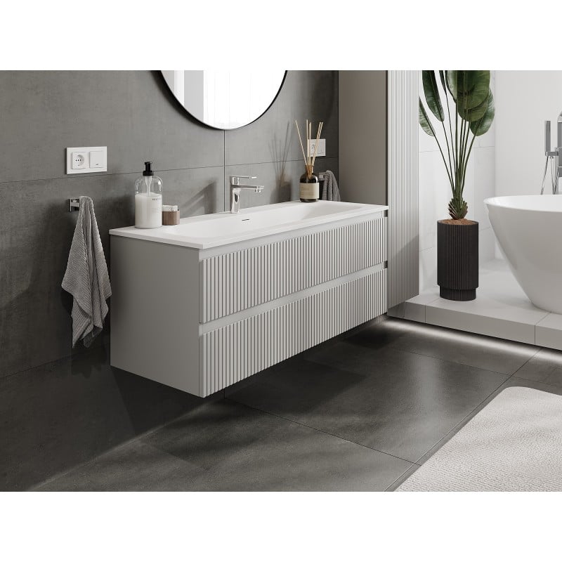 Mexen Rivel szafka łazienkowa 120 cm z umywalką Vela, 2 szuflady, ryflowana , szara mat/biała mat - 91A20-12047-2-BFF62-W23M0