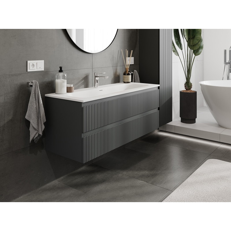 Mexen Rivel szafka łazienkowa 120 cm z umywalką Vela, 2 szuflady, ryflowana , grafit mat/biała mat - 91A20-12047-2-BFF66-W23M