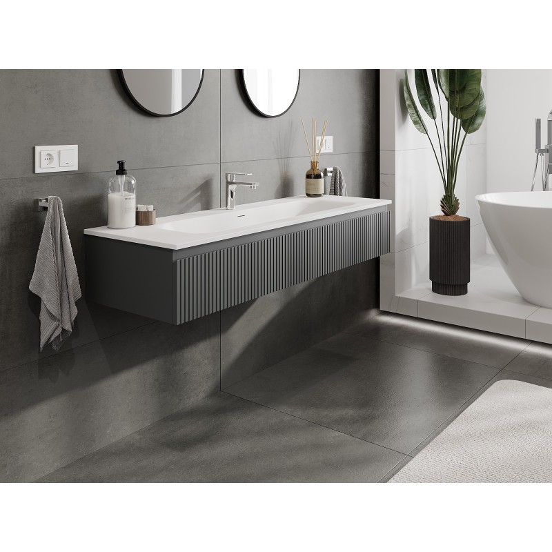 Mexen Rivel szafka łazienkowa 140 cm z umywalką Vela, 1 szuflada, ryflowana , grafit mat/biała mat - 91A20-14023-1-BF66-W23M0