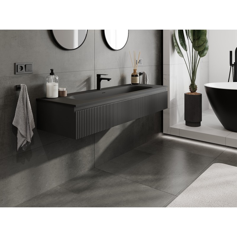 Mexen Rivel szafka łazienkowa 140 cm z umywalką Vela, 1 szuflada, ryflowana , czarna mat - 91A20-14023-1-BF71-W23M71