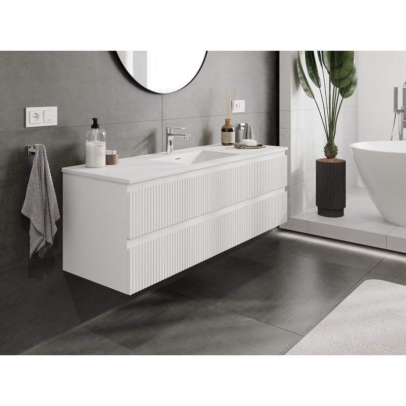 Mexen Rivel szafka łazienkowa 140 cm z umywalką Otis, 2 szuflady, ryflowana , biała mat - 91A20-14047-2-BFF01-W18M01