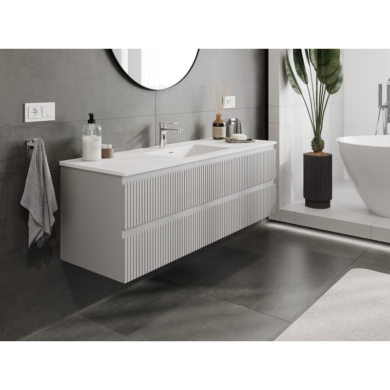 Mexen Rivel szafka łazienkowa 140 cm z umywalką Otis, 2 szuflady, ryflowana , szara mat/biała mat - 91A20-14047-2-BFF62-W18M0