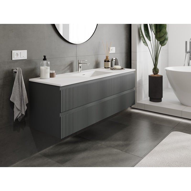 Mexen Rivel szafka łazienkowa 140 cm z umywalką Otis, 2 szuflady, ryflowana , grafit mat/biała mat - 91A20-14047-2-BFF66-W18M