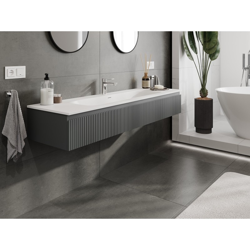 Mexen Rivel szafka łazienkowa 160 cm z umywalką Vela, 1 szuflada, ryflowana , grafit mat/biała mat - 91A20-16023-1-BF66-W23M0