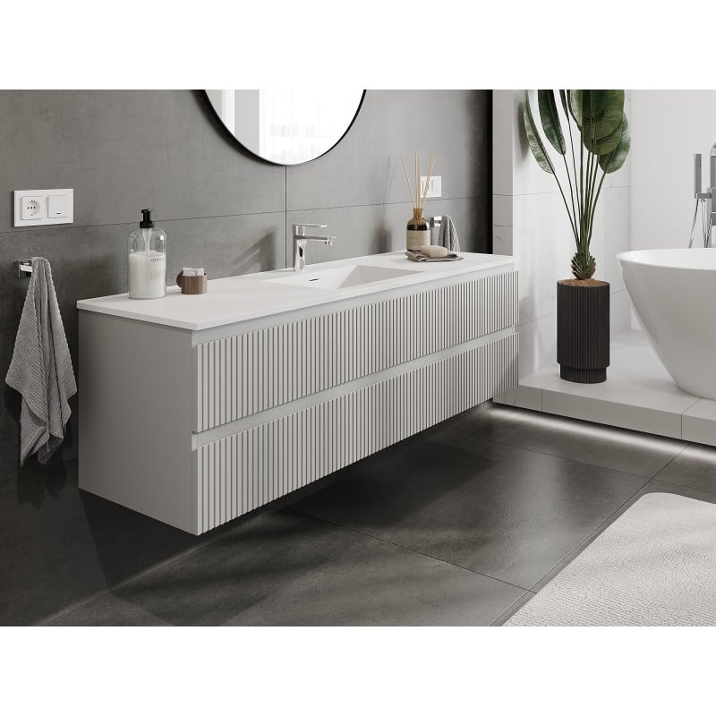 Mexen Rivel szafka łazienkowa 160 cm z umywalką Otis, 2 szuflady, ryflowana , szara mat/biała mat - 91A20-16047-2-BFF62-W18M0