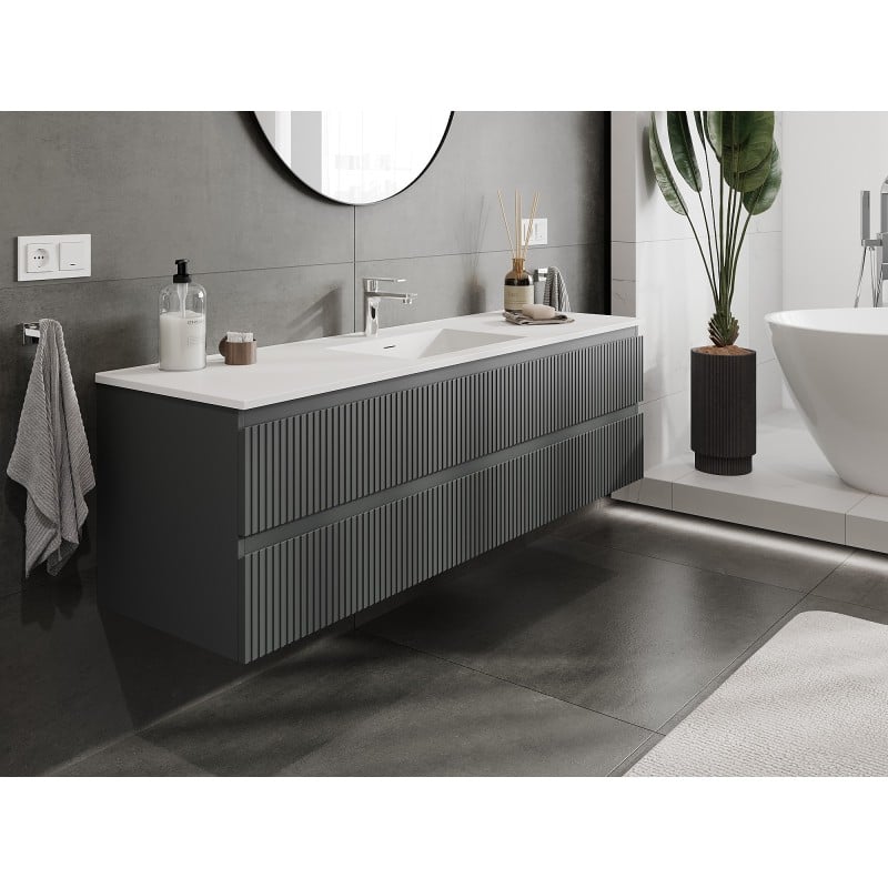 Mexen Rivel szafka łazienkowa 160 cm z umywalką Otis, 2 szuflady, ryflowana , grafit mat/biała mat - 91A20-16047-2-BFF66-W18M