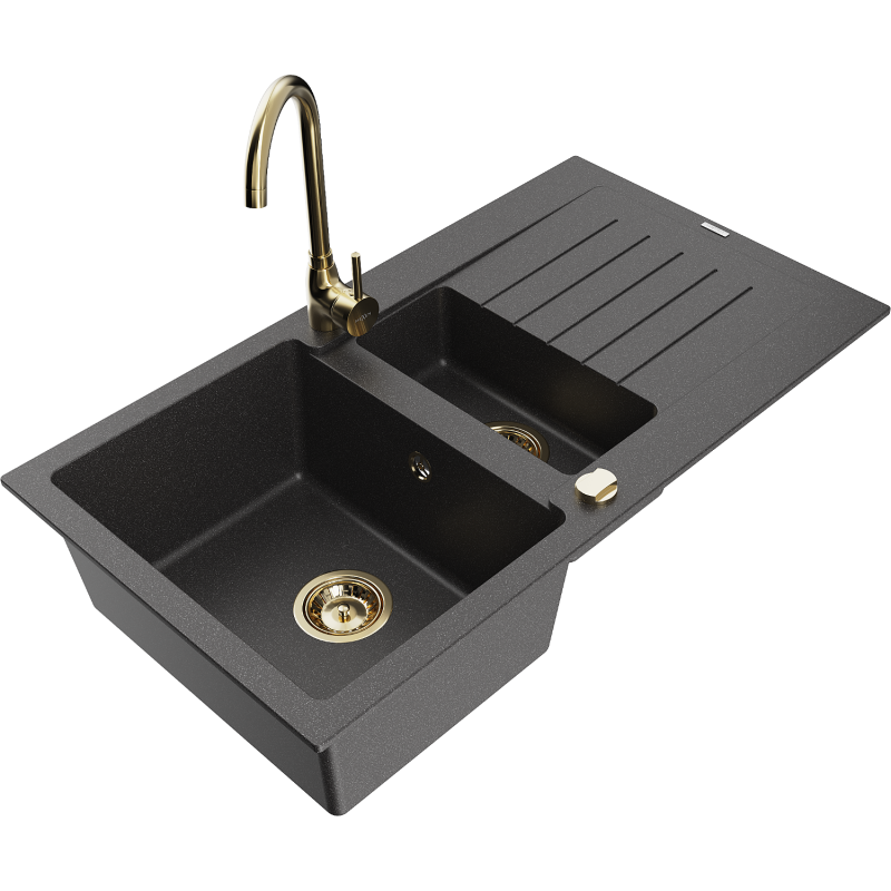 Mexen Matias zlewozmywak granitowy 1,5-komorowy z ociekaczem i baterią kuchenną Telma, czarny nakrapiany - 6502-76-670200-50