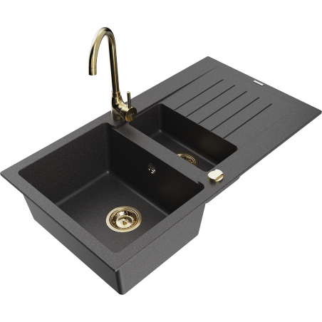 Mexen Matias zlewozmywak granitowy 1,5-komorowy z ociekaczem i baterią kuchenną Telma, czarny nakrapiany - 6502-76-670200-50