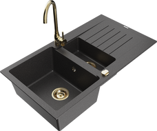 Mexen Matias zlewozmywak granitowy 1,5-komorowy z ociekaczem i baterią kuchenną Telma, czarny nakrapiany - 6502-76-670200-50