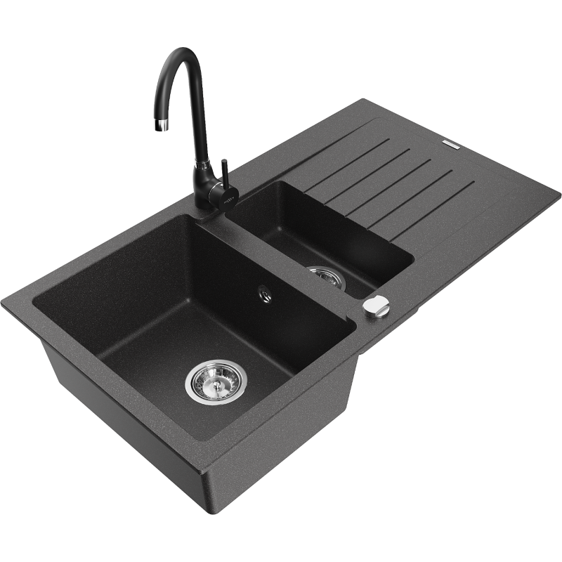 Mexen Matias zlewozmywak granitowy 1,5-komorowy z ociekaczem i baterią kuchenną Telma, czarny nakrapiany - 6502-76-670200-70