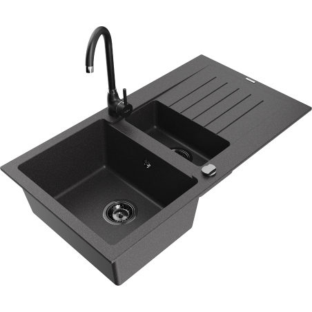 Mexen Matias zlewozmywak granitowy 1,5-komorowy z ociekaczem i baterią kuchenną Telma, czarny nakrapiany - 6502-76-670200-70-B