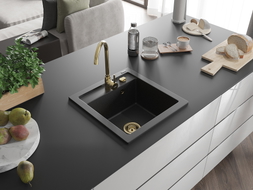 Mexen Vito zlewozmywak granitowy 1-komorowy z baterią kuchenną Telma, czarny/srebrny metalik - 6503-73-670200-50