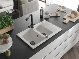 Mexen Gaspar zlewozmywak granitowy 1,5-komorowy z ociekaczem i baterią kuchenną Duero, biały - 6507-20-671600-70