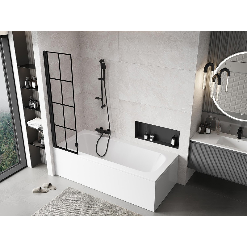 Mexen Mist parawan nawannowy 1-skrzydłowy lewy 50 x 150 cm, czarna kratka, czarny - 8A9-050-001-70-77-L